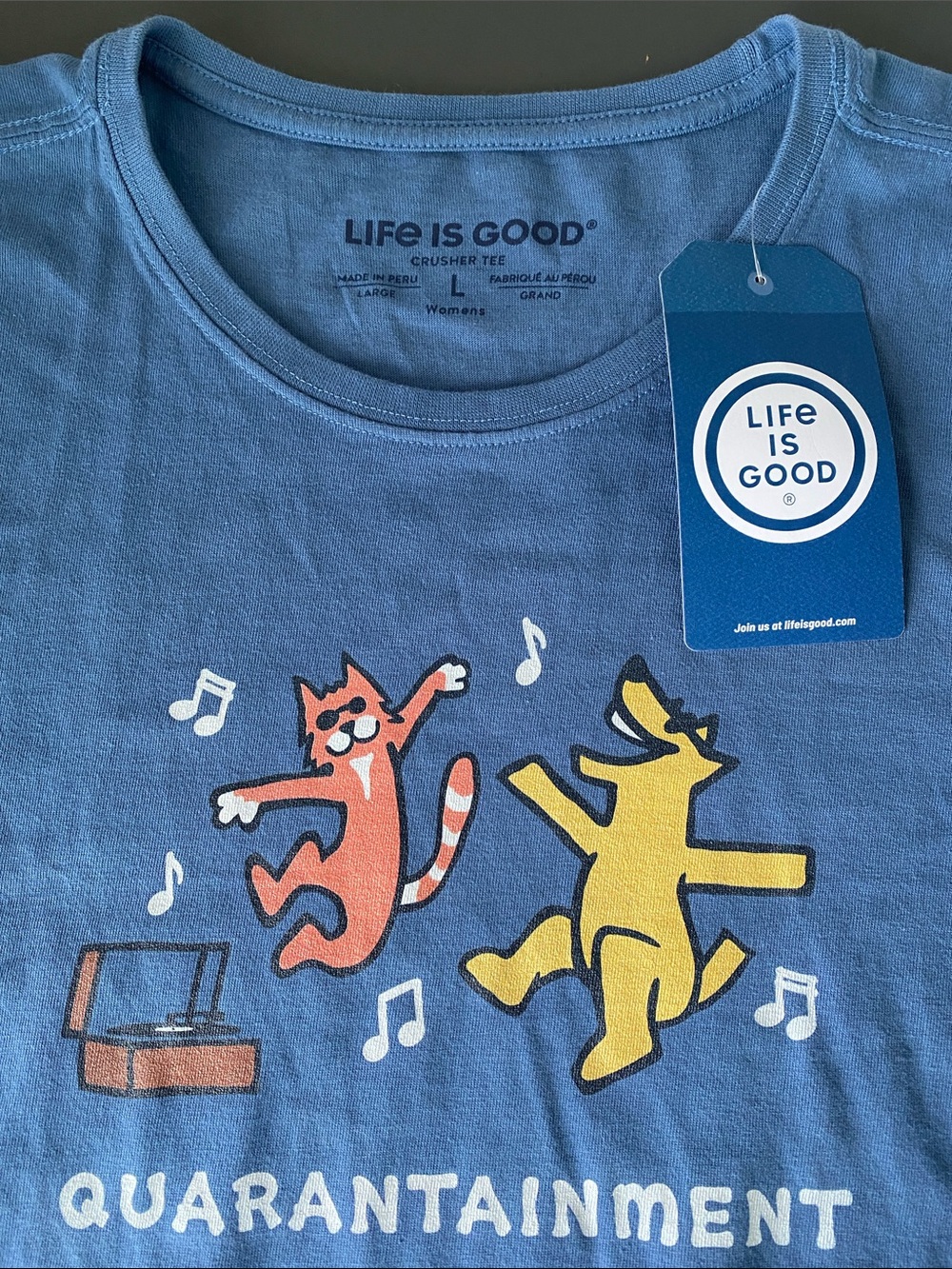 NEW Life Is Good Blue Quarantainment Dance Graphic Tee L Dog Cat Mom & Dad Gift